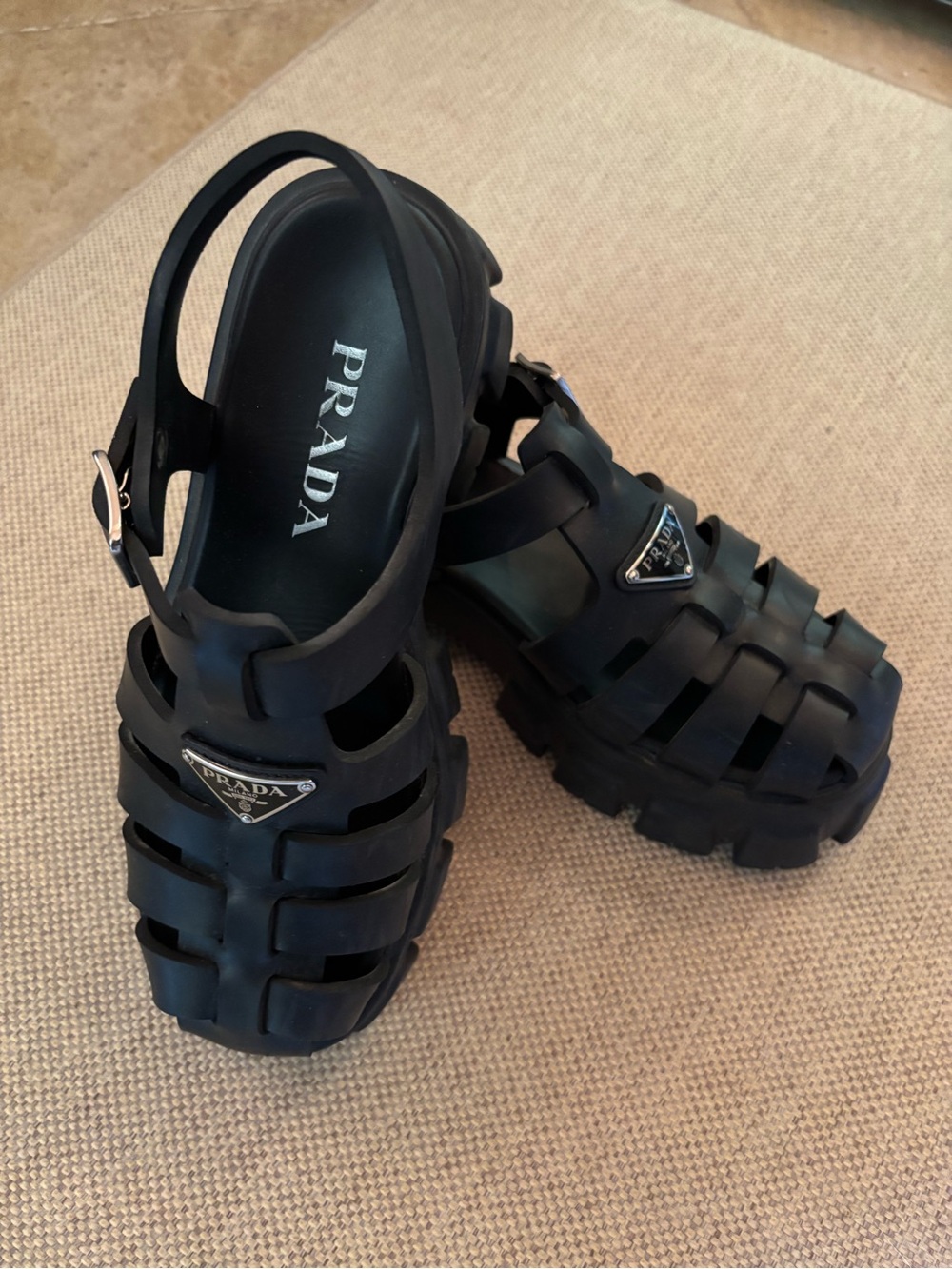 Prada Black Fisherman Sandals with Logo Plaque - Picture 2 of 15